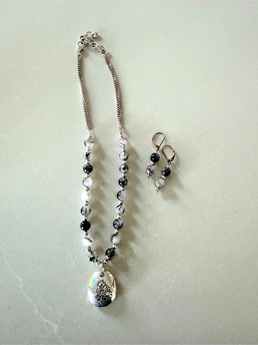 Brighton Bristol Beaded Pendant Necklace & Earrings in Silver & Black